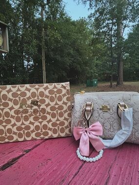 Coach Light Gray Embossed Crossbody with Pink Bow Charm